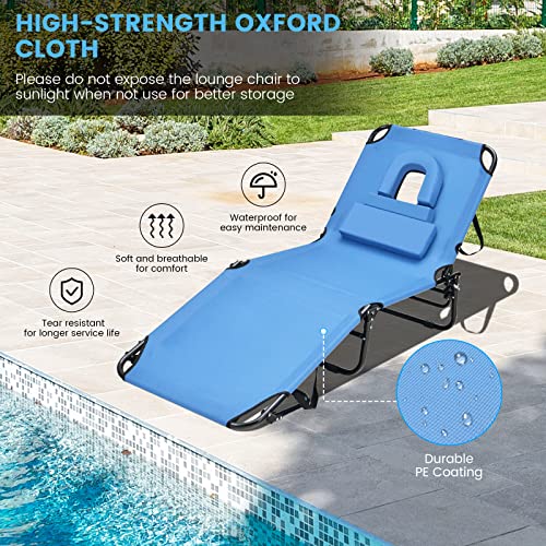 Costway Face Down Tanning Chair, Beach Lounge Chair with 5-Level Adjustable Backrest & 3 Removable Pillows, Folding Sunbathing Recliner with Face Hole, Reinforced Chaise Lounge Chair for Poolside