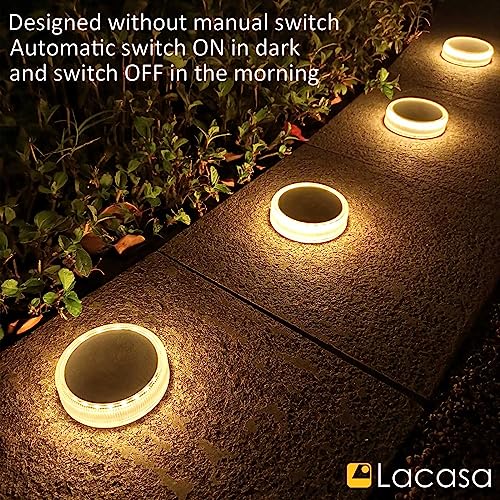 Lacasa Solar Deck Lights, 4 Pack 30LM Outdoor Solar Powered Step Lights, LED Dock Lights Warm White 2700K Light up All Night IP68 Waterproof Auto ON/Off for Garden Stairs Driveway Pathway Lighting