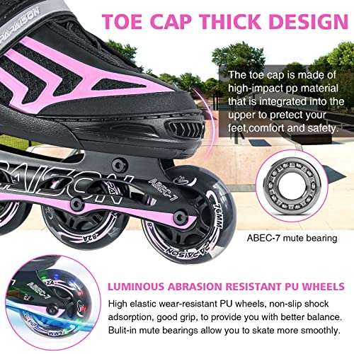 ITurnGlow Kids and Adults Adjustable Inline Skates with Full Light Up Wheels, Safe and Smooth Beginner Rollerblades for Girls and Boys, Men and Women