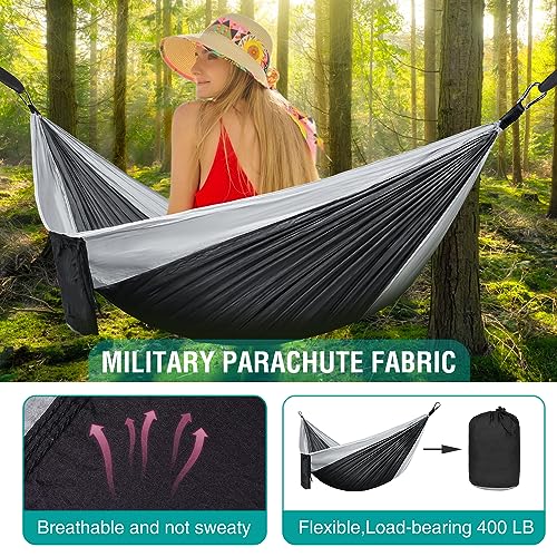 Hammock Camping, Portable Single/Double Hammocks for Outdoor Hiking Travel Backpacking - 210D Nylon Hammock Swing for Backyard & Garden (Black/Gray)