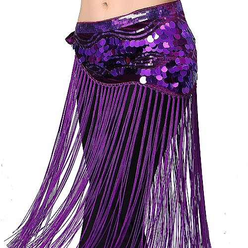 ZLTdream Glitter Sequin Belly Dance Hip Scarf Fringe Belt Wrap Skirt for Women Outfit Accessory Costume with Tassel Fringe, Dark Purple, One size