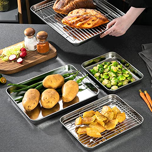 9 x 6.9 x 0.98 Inch Baking Sheets and Racks Set, Stainless Steel Baking Sheet Oven Tray and Cooling Grid Rack for Cookies and Meats(Pans + Racks)