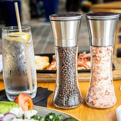 Ausgen Salt and Pepper Grinder Set Pack of 2 - Premium Stainless Steel Salt and Pepper Mill with Glass Body and Adjustable Coarseness - Large Size Spice Shaker with Cleaning Brush