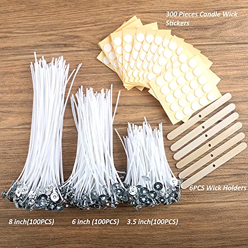 MILIVIXAY 606 Pieces Candle Making Supplies,300 Pieces Cotton Wicks, 300 Pieces Candle Wick Stickers and 6PCS Wooden Candle Wick Holders - Wicks Coated with Wax, Cotton Wicks Kits for Candle Making.