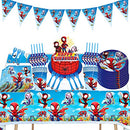 Spider Party Tableware, Spider Party Decorations, Spidey and His Amazing Friends Birthday Party Supplies, Includes Table Cover, Banner, Plates, Napkins, Paper cups,Straws, Fork- Serves 10 Guests