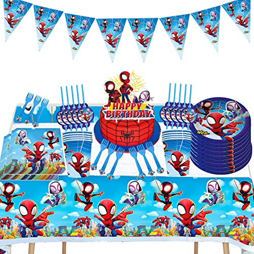 Spider Party Tableware, Spider Party Decorations, Spidey and His Amazing Friends Birthday Party Supplies, Includes Table Cover, Banner, Plates, Napkins, Paper cups,Straws, Fork- Serves 10 Guests