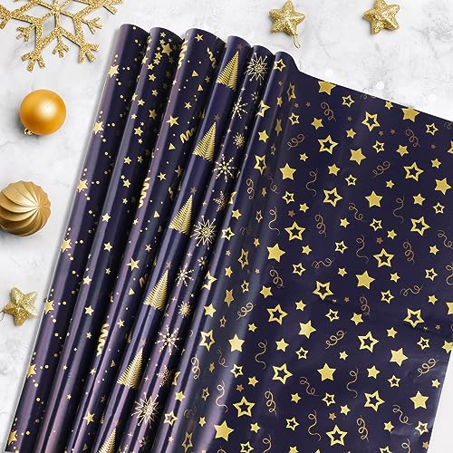 Bigqin 6PCS Navy Blue Gift Wrapping Paper Set Recycled 70 * 50cm Gift Decoration Paper for Kids Women Men Christmas Birthday Holiday Valentine's Day Mother's Day Present Box, with Rope and Tape