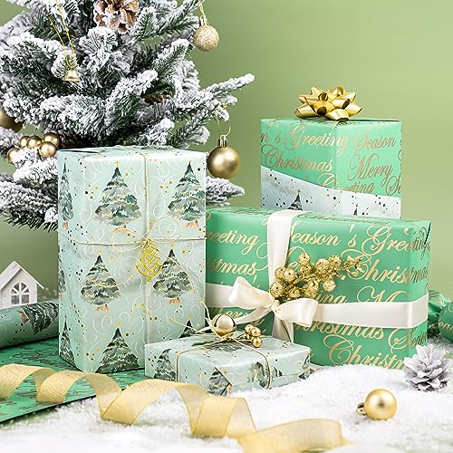 WRAPAHOLIC Reversible Christmas Wrapping Paper - Mini Roll - 17 Inch X 33 Feet - Watercolor Green Christmas Tree and Merry Christmas with Metallic Foil Shine for Holiday, Party, Celebration