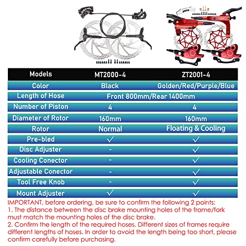 JFOYH 4-Piston MTB Hydraulic Brake Set with 160mm Floating Disc Rotors, Front and Rear Hydraulic Disc Brake Kit for MTB(Pre-Bled, Left-Front/Right-Rear)