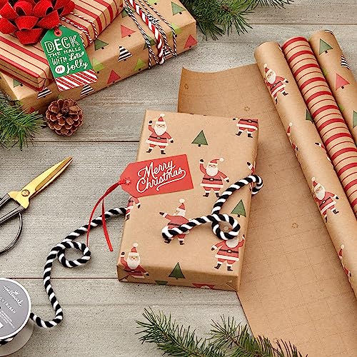 Hallmark Recyclable Christmas Wrapping Paper with Cut Lines on Reverse (3 Rolls: 90 sq. ft. ttl) Kraft Brown with Santas, Green Trees, Red Stripes, 0005JXW1050