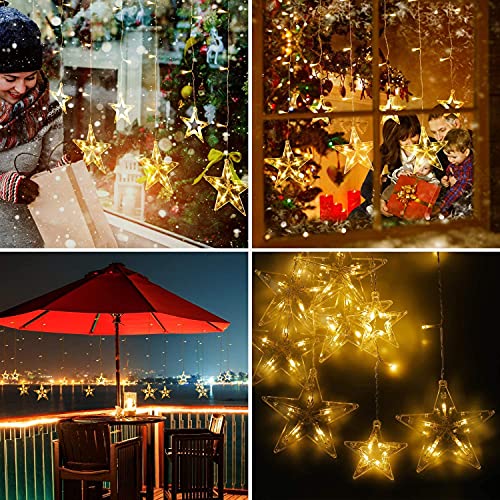 Quntis Fairy Curtain Lights -138 LEDs 12 Star String Lights 8 Mode Outdoor Indoor Plug in Window Fairy Lights Waterfall Backdrop for Bedroom Wedding Party Wall Decor, Warm White