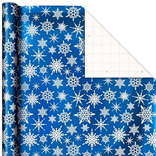 Hallmark Blue Foil Christmas Wrapping Paper with Cut Lines on Reverse (3 Rolls: 60 sq. ft. TTL) Snowmen, Snowflakes, Christmas Trees