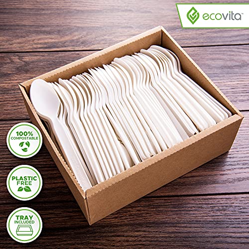 100% Compostable Disposable Spoons Biodegradable Cutlery Set - 140 Large Utensils (6.5 in.) EcoFriendly Durable and Heat Resistant with Convenient Tray by Ecovita