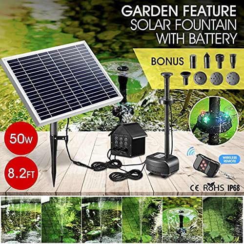 50W Solar Fountain Water Pump with Battery and LED Light for Birdbath Garden Pool