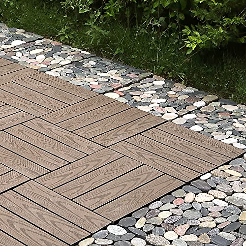 PURE ERA Natural Real Stone Interlocking Floor Deck Tiles Sliced Pebble Tile Indoor Outdoor Use 11.8”x11.8” (4Pcs, 4 sq. Ft, Sliced Mixed Color)- Great Upgrade to Patio Backyard Pathway