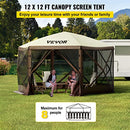 VEVOR Gazebo Screen Tent, 12 x ft, 6 Sided Pop-up Camping Canopy Shelter Tent with Mesh Windows, Portable Carry Bag, Ground Stakes, Large Shade Tents for Outdoor Camping, Lawn & Backyard, Brown/Beige