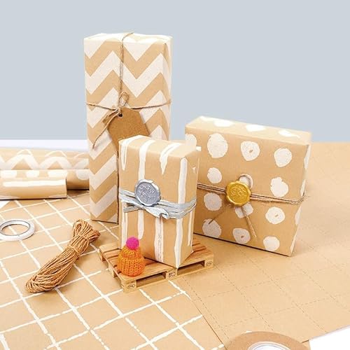 ZCOINS 4 Rolls of Kraft Wrapping Paper - 17" x 33 ft per Roll, Recyclable Gift DIY Wrapping Paper with Flax Strings and Tape for Kids Women Men Birthday Wedding Bridal Baby Showers Christmas Crafts Holidays