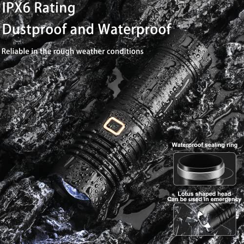 【6000mAh High Capacity】Led Torch 20000 Lumens Super Bright,Rechargeable Flashlight 5 Modes,IPX6 Waterproof Torches with Intelligent Power Display,Zoomable Flash Light for Camping Hiking Emergency Use