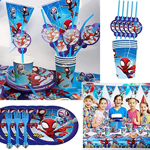 Spider Party Tableware, Spider Party Decorations, Spidey and His Amazing Friends Birthday Party Supplies, Includes Table Cover, Banner, Plates, Napkins, Paper cups,Straws, Fork- Serves 10 Guests