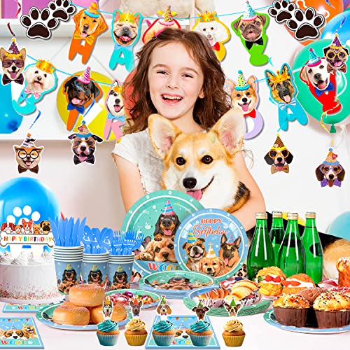 Dog Birthday Party Supplies,159pcs Dog Theme Party Decorations&Tableware Set-Dog Party Plates Napkins Cups Tablecloth&Dog Birthday Banner Balloons Cake Topper etc Puppy Party Supplies for Kids Doggy