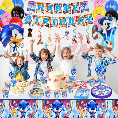 Pusuanzi Sonic Birthday Party Set, 95-Piece Sonic 2 Paper Plates Children's Birthday Party Tableware - Banners, Balloons, Tablecloth, Paper Plates, Napkins, Paper Cups, Straws, Invitation Card