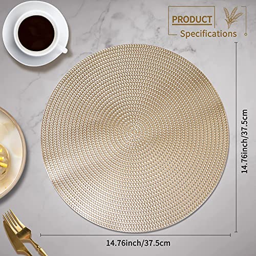 FYY Placemats, Round Placemats Set of 6 for Dining Table, Washable Round Anti-Skid Heat-Resistant PVC Table Mats Durable Stain Resistant Kitchen Table Mats, Set of 6 Gold