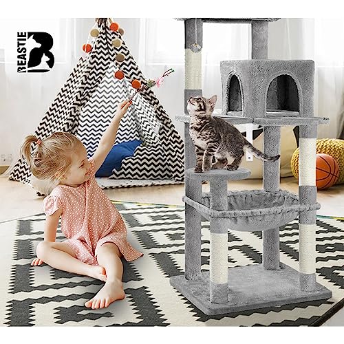 BEASTIE 143cm Multi-Level Cat Tree Tower with Scratching Posts, Sisal-Covered Cat Condo Play House Wood Furniture with Plush Perch, Light Grey Cat Scratcher Tower for Kittens Climbing and Rest