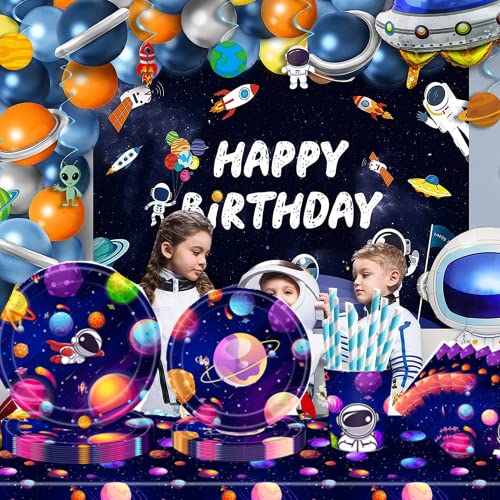 YimaiX Space Party Supplies, Space Party Disposable Tableware Paper Plates Napkins Straws for Space Astronaut Outer Galaxy Theme Birthday Party Decoration Serves 16 Guests
