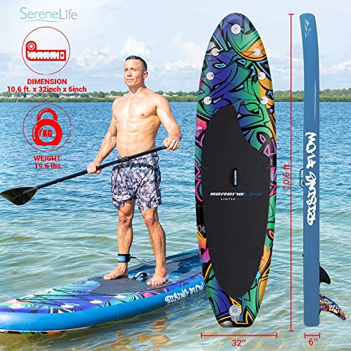 SereneLife Inflatable Stand Up Paddle Board (6 Inches Thick) with Premium SUP Accessories & Carry Bag | Wide Stance, Bottom Fin for Paddling, Surf Control, Non-Slip Deck | Youth & Adult Standing Boat
