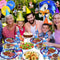 Pusuanzi Sonic Birthday Party Set, 95-Piece Sonic 2 Paper Plates Children's Birthday Party Tableware - Banners, Balloons, Tablecloth, Paper Plates, Napkins, Paper Cups, Straws, Invitation Card