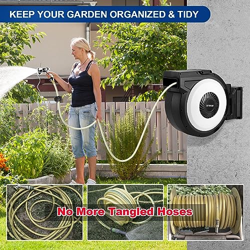 Retractable Garden Hose Reel by BSTOKCAM, 5/8" x 90ft Heavy Duty Water Hose Reels Automatic Rewind Storage, Self Wind Hose and Reel Holder Outdoor Organizer, Nozzle Included