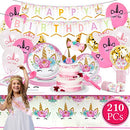 Value Smash Unicorn Party Supplies 24 guests for girls with Birthday Banner, Unicorn Cake Topper, Headband & Sash, Dinning & Dessert plates, Tablecloth, Cups, Forks & Spoons Set, 15 balloons