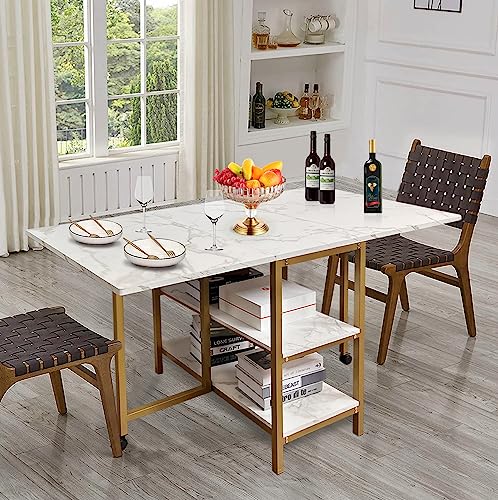 AT-VALY Folding Dining Table with 2 Storage Open Shelf,Drop Leaf Extension Dining Table,Top Folding 15.7" to 55.1" Kitchen Table (Gold)