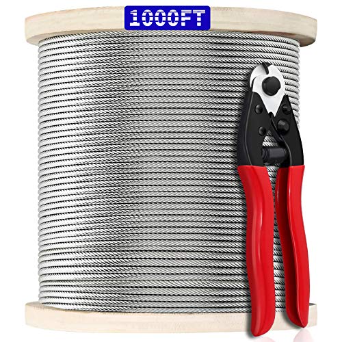 1000FT 1/8" T316 Stainless Steel Cable, Wire Rope Aircraft Cable for Deck Cable Railing Kit, 7 x 7 Strands Construction,DIY Balustrades, Come with a Cutter