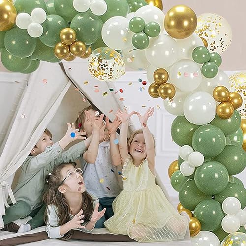 Olive Green Balloon Garland Arch Kit, 152Pcs DIY Party Decorations Balloons Set,White Chorme Gold Balloons Set Party Supplies for Baby Shower Wedding Birthday Anniversary Party