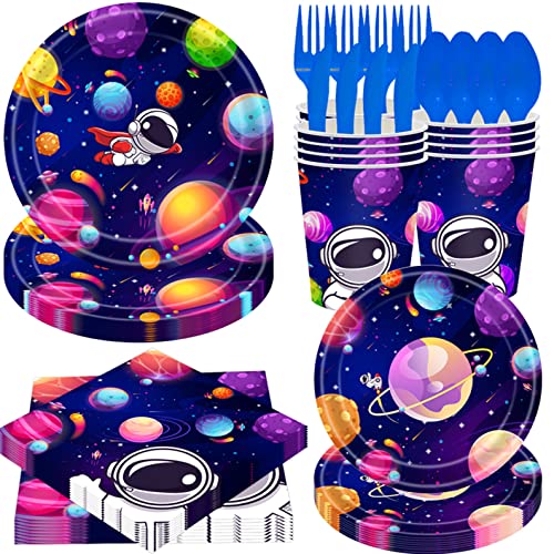 YimaiX Space Party Supplies, Space Party Disposable Tableware Paper Plates Napkins Straws for Space Astronaut Outer Galaxy Theme Birthday Party Decoration Serves 16 Guests