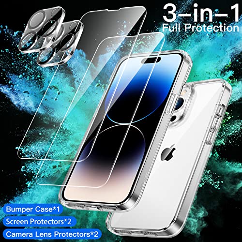 JETech 3 in 1 Case for iPhone 14 Pro Max 6.7-Inch, with 2-Pack Screen Protector and Camera Lens Protector, Non-Yellowing Shockproof Bumper Phone Cover, Full Coverage Tempered Glass Film (Clear)