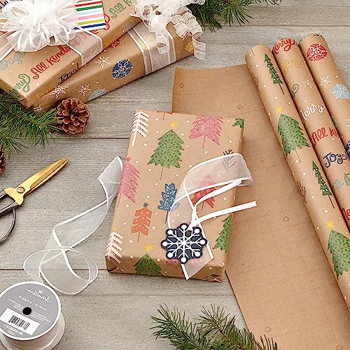 Hallmark Colorful Recyclable Christmas Wrapping Paper with Cut Lines on Reverse (3 Rolls: 90 sq. ft. ttl) Kraft Brown with Snowflakes, Pink Trees, All Kinds of Merry"