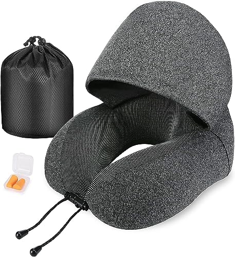 Epzia Memory Foam Travel Pillow with Hood, Adult Airplane Portable Neck Pillow for Head Rest Neck Support, Office Cars Trains Long Flights Travel Sleeping (Deep Grey)