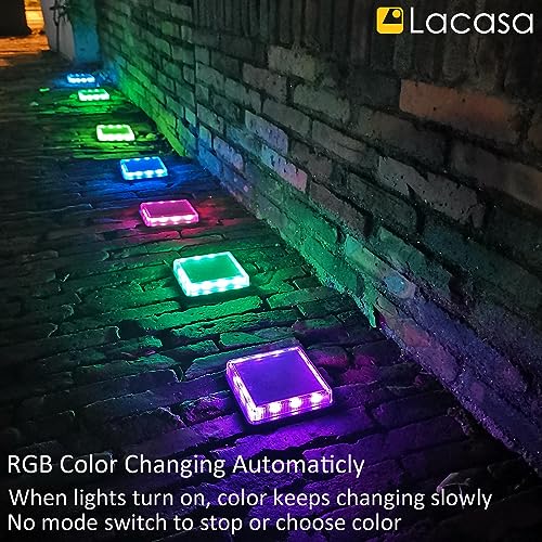Lacasa Solar Deck Lights, 4 Pack 50LM RGB Color Changing LED Dock Lights, Outdoor Solar Powered Step Lights, Light up All Night, IP68 Waterproof for Garden Stairs Ground Driveway Pathway Lighting