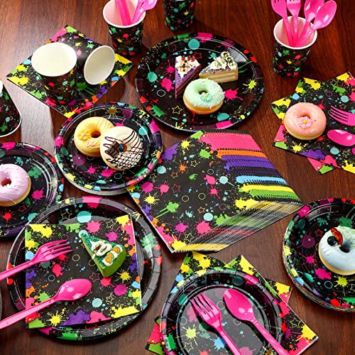 Yingzhao 180 Pcs Neon Birthday Party Paper Plates and Napkins Cups Supplies Disposable Glow Tableware Decorations Utensils Included for Glow in the Dark Party Decorations, Serve 30 Guests