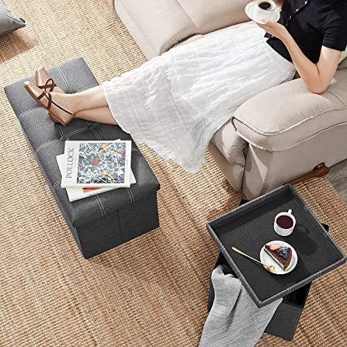 Mofish 15/30 inch Folding Storage Ottoman Bench,Storage Chest Footrest Step Stool with Padded Seat for Bedroom Hallway Living Room, End of Bed Storage Seat, Linen Fabric