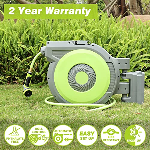 REDUCTUS Retractable Garden Hose Reel, 1/2 x130ft inch Wall Mount Retractable Water Hose with 10 Pattern Hose Nozzle, Any Length Lock/180° Swivel Automatic Hose Reels for Outside Garden Watering