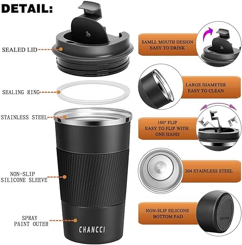 Travel Coffee Mug Spill Proof 16 oz Insulated Coffee Mug with Leakproof Lid, Stainless Steel Vacuum Tumbler ReusableThermal Coffee Cup to go for Hot and Cold Drinks -510ml,Black