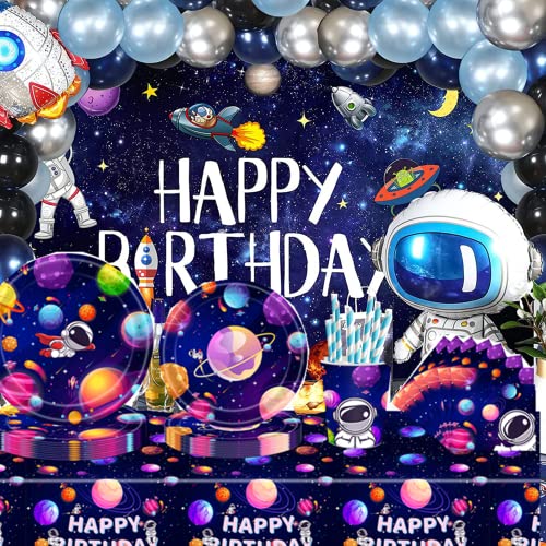 YimaiX Space Party Supplies, Space Party Disposable Tableware Paper Plates Napkins Straws for Space Astronaut Outer Galaxy Theme Birthday Party Decoration Serves 16 Guests