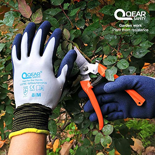 QEARSAFETY 1 Pair Garden Work Glove, Latex Rubber Fully Coated, Knitted Liner, Flexible, Water/Mud Proof For Palm and Back, Anti-Slip,Small Thorn Resistance Lady Small Hands (8/M)