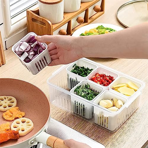 [1 Pack]Fridge Food Storage Containers with Lids Airtight Refrigerator Food Fresh Box with 6 Pcs Detachable Drain Basket Vegetables Sealed Keeper for Ginger Garlic Onion (1)