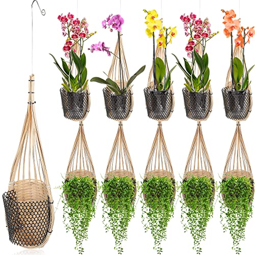 10 Pack Orchid Planter Thai Bamboo Woven 4 Inch Hanging Orchid Basket Bamboo Flower Basket with Metal Hook Bird Nest Style Orchid Hanging Basket for Trellis Gazebo Indoor Outdoor Small Flower Planter