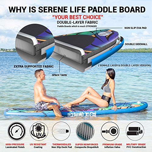 SereneLife Inflatable Stand Up Paddle Board (6 Inches Thick) with Premium SUP Accessories & Carry Bag | Wide Stance, Bottom Fin for Paddling, Surf Control, Non-Slip Deck | Youth & Adult Standing Boat