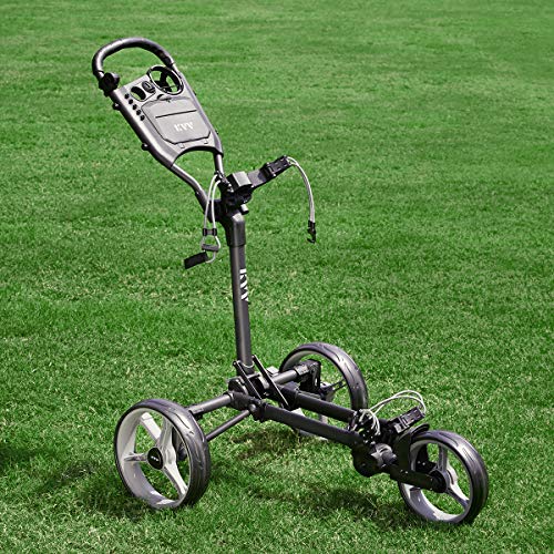 KVV 3 Wheel Compact Flat Folding Design Golf Push Cart with Lightweight and Sturdy Aluminum Frame, Charcoal